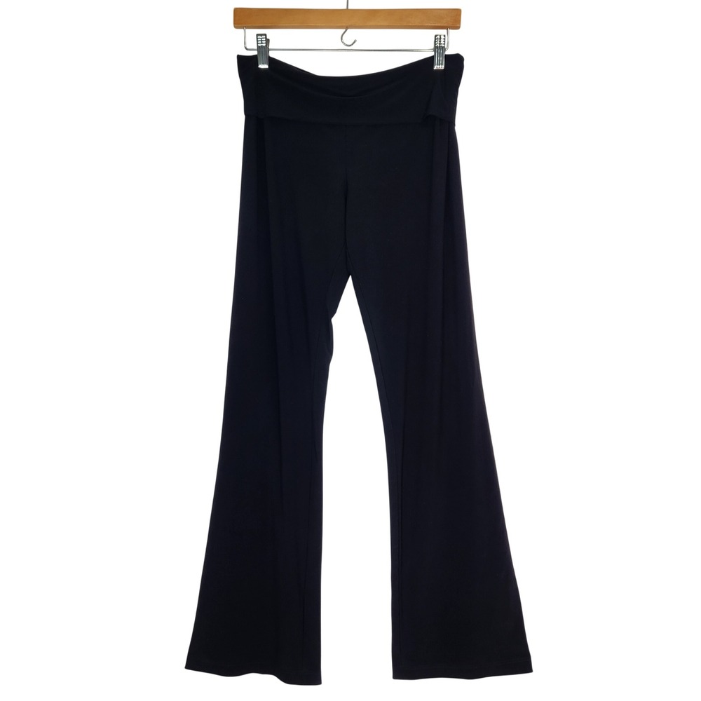 Norma Kamali Black Flare Leg Pants Foldover Waist Stretch Jersey M Slinky